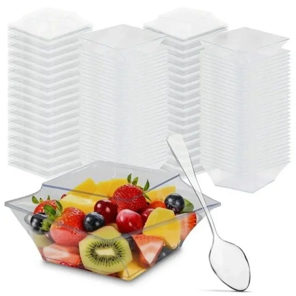 Oasis Creations Slanted Wide Square 7-ounce Dessert Cup Spoons & Lids 50 Count
